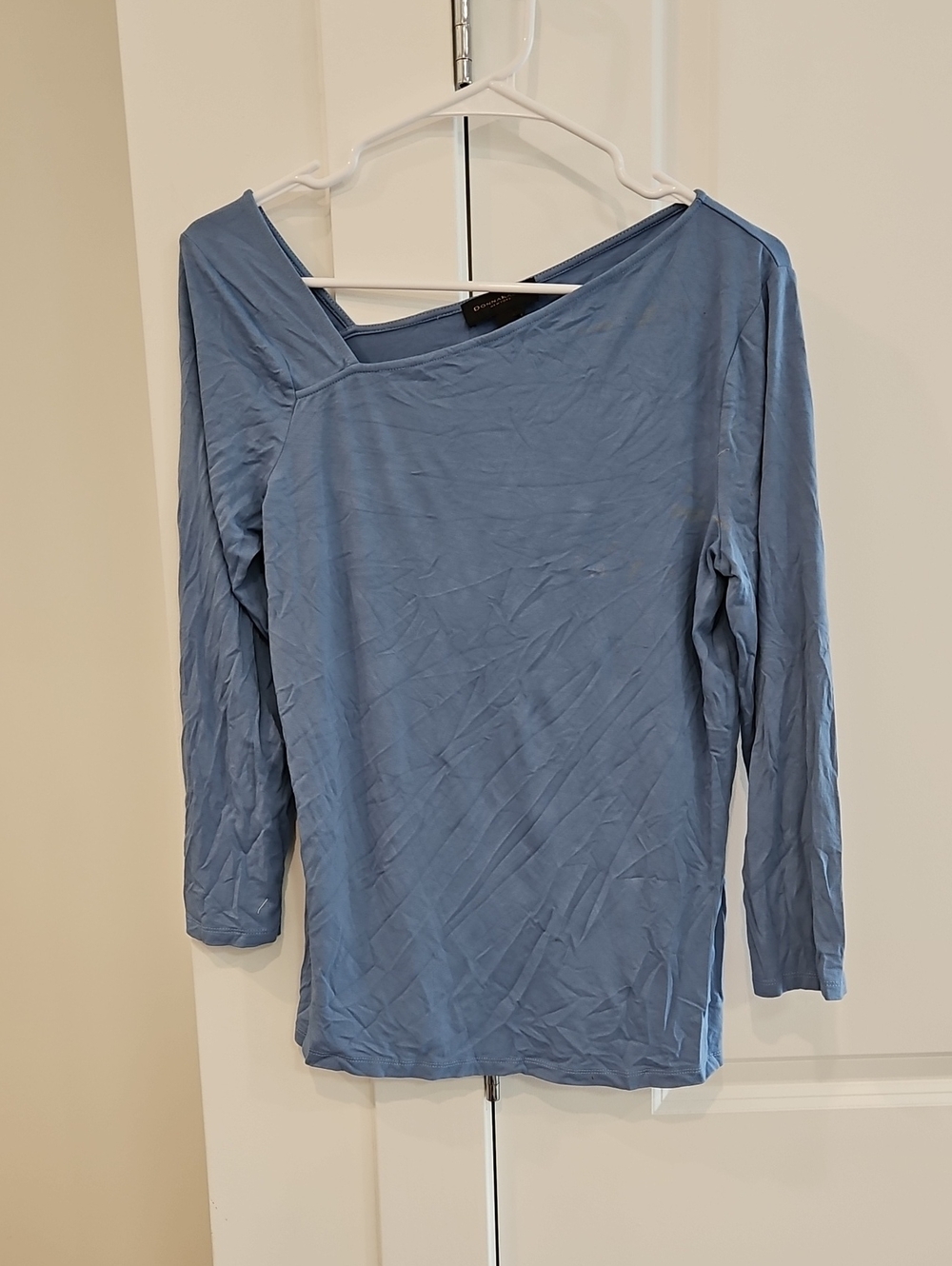 Donna Karan Dusty Blue Long Sleeve Asymmetric Neck Top